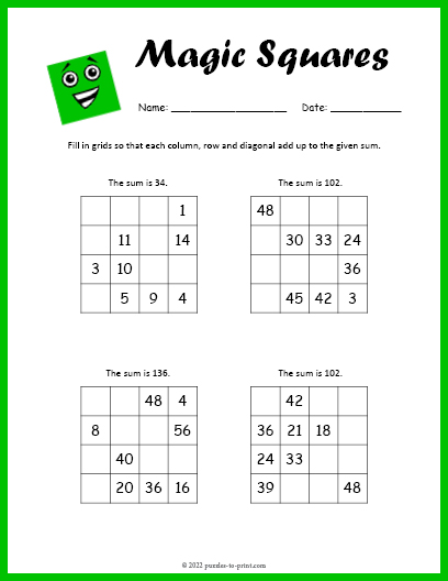 Intermediate Magic Square Worksheet