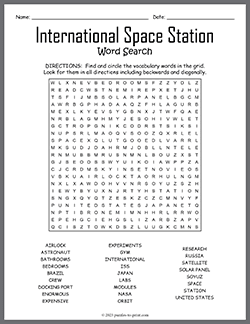 Free printable International Space Station Word Search puzzle worksheet