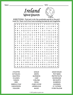 Free printable Ireland Word Search puzzle worksheet