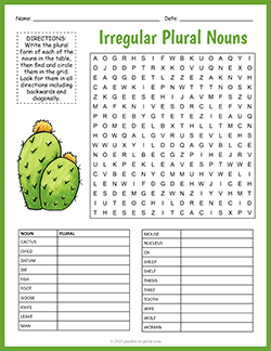 Free printable Irregular Plural Nouns Word Search puzzle worksheet
