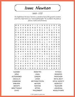 Free printable Isaac Newton Word Search puzzle worksheet