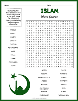 Free printable Islam Word Search puzzle worksheet