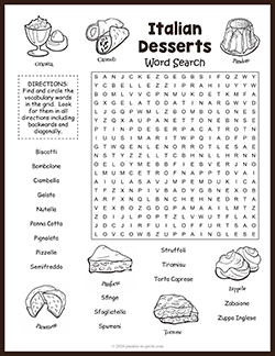 Free printable Italian Desserts Word Search puzzle worksheet