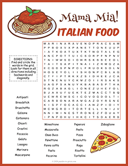 Free printable Italian Food Word Search puzzle worksheet