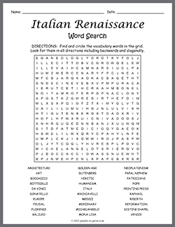 Free printable Italian Renaissance Word Search puzzle worksheet