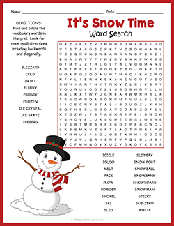 Free printable Its Snow Time Word Search puzzle worksheet