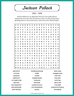 Free printable Jackson Pollock Word Search puzzle worksheet
