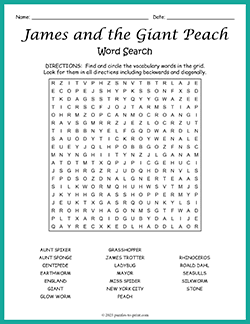 Free printable James and the Giant Peach Word Search puzzle worksheet