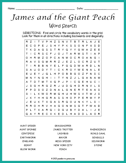 James and the Giant Peach Word Search