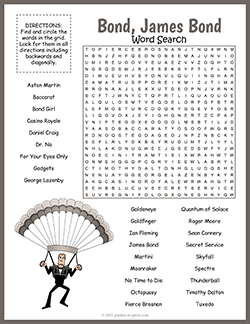 Free printable James Bond Word Search puzzle worksheet