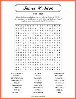 Free printable James Madison Word Search puzzle worksheet