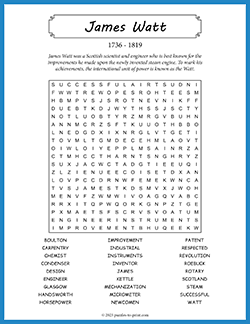 Free printable James Watt Word Search puzzle worksheet