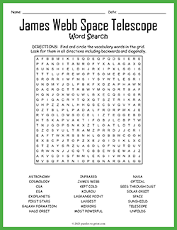 Free printable James Webb Space Telescope Word Search puzzle worksheet