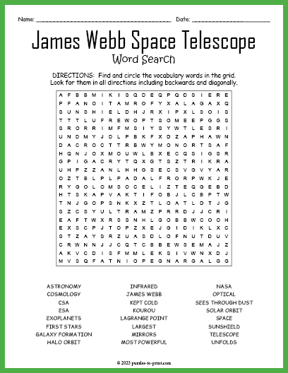James Webb Space Telescope Word Search