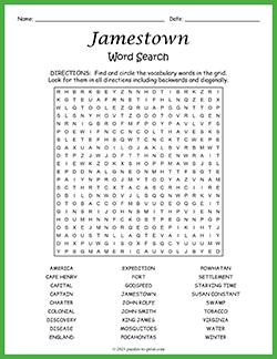 Free printable Jamestown Word Search puzzle worksheet