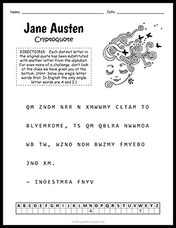 Free printable Jane Austen Cryptoquote puzzle worksheet
