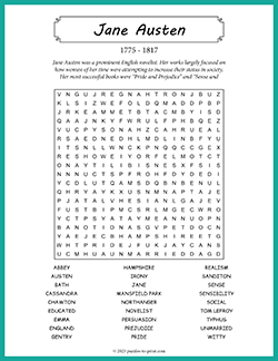 Free printable Jane Austen Word Search puzzle worksheet