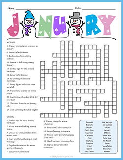 Free printable January Crossword puzzle worksheet