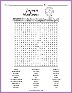 Free printable Japan Word Search puzzle worksheet