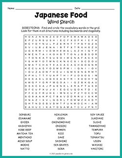 Free printable Japanese Food Word Search puzzle worksheet