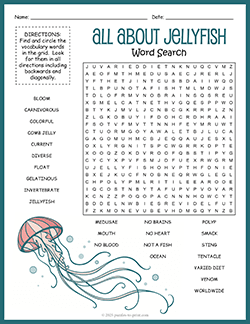 Free printable Jellyfish Word Search puzzle worksheet