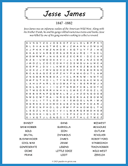 Free printable Jesse James Word Search puzzle worksheet