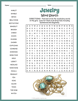 Free printable Jewelry Word Search puzzle worksheet