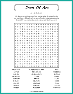 Free printable Joan of Arc Word Search puzzle worksheet