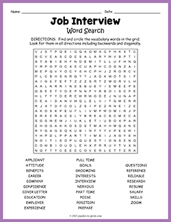 Free printable Job Interview Word Search puzzle worksheet