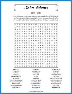 Free printable John Adams Word Search puzzle worksheet