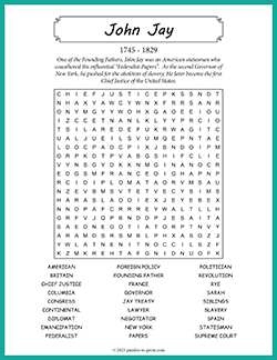 Free printable John Jay Word Search puzzle worksheet