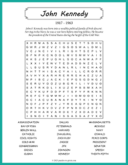 Free printable John Kennedy Word Search puzzle worksheet