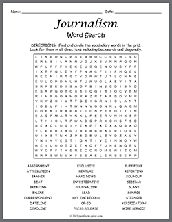 Free printable Journalism Word Search puzzle worksheet