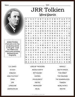 Free printable JRR Tolkien Word Search puzzle worksheet
