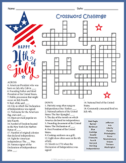 Free printable July Fourth Crossword puzzle worksheet