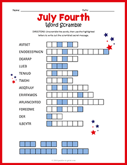 Free printable July Fourth Word Scramble puzzle worksheet
