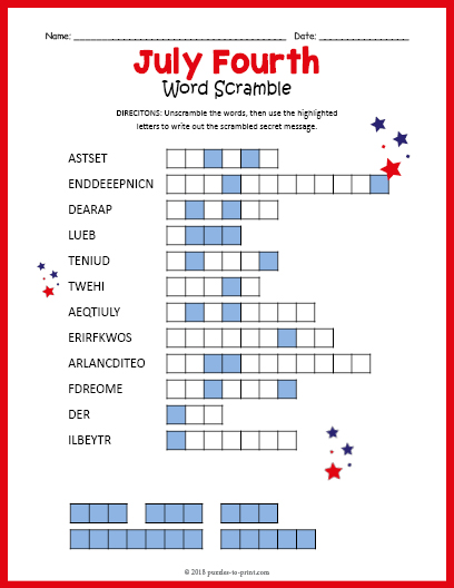 July Fourth Word Scramble