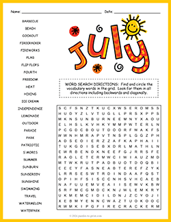 Free printable July Word Search puzzle worksheet
