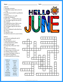 Free printable June Crossword puzzle worksheet
