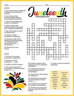 Free printable Juneteenth Crossword puzzle worksheet