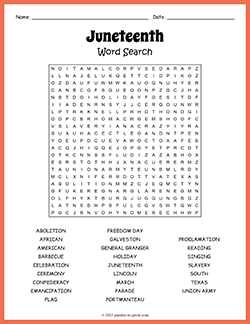 Free printable Juneteenth Word Search puzzle worksheet