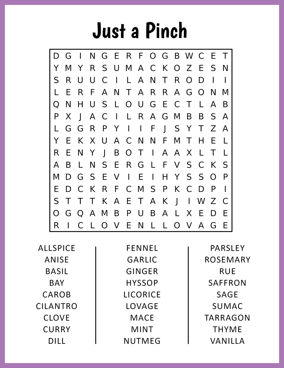 Just a Pinch Word Search