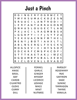 Free printable Just a Pinch Word Search puzzle worksheet