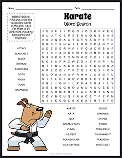 Free printable Karate Word Search puzzle worksheet