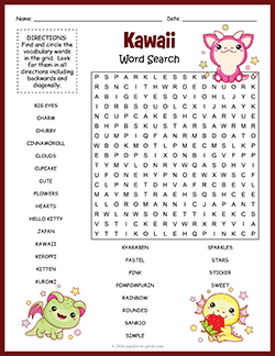 Free printable Kawaii Word Search puzzle worksheet