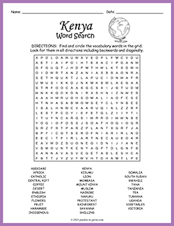 Free printable Kenya Word Search puzzle worksheet