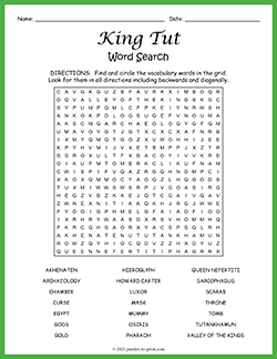 Free printable King Tut Word Search puzzle worksheet