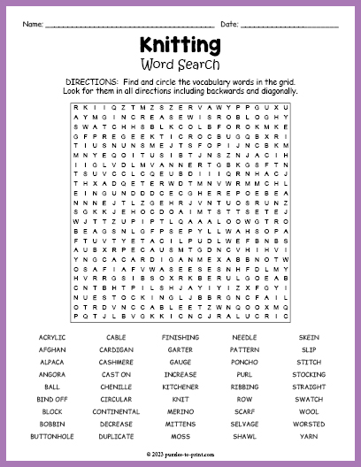 Knitting Word Search