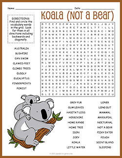 Free printable Koala Word Search puzzle worksheet