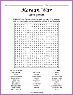 Free printable Korean War Word Search puzzle worksheet